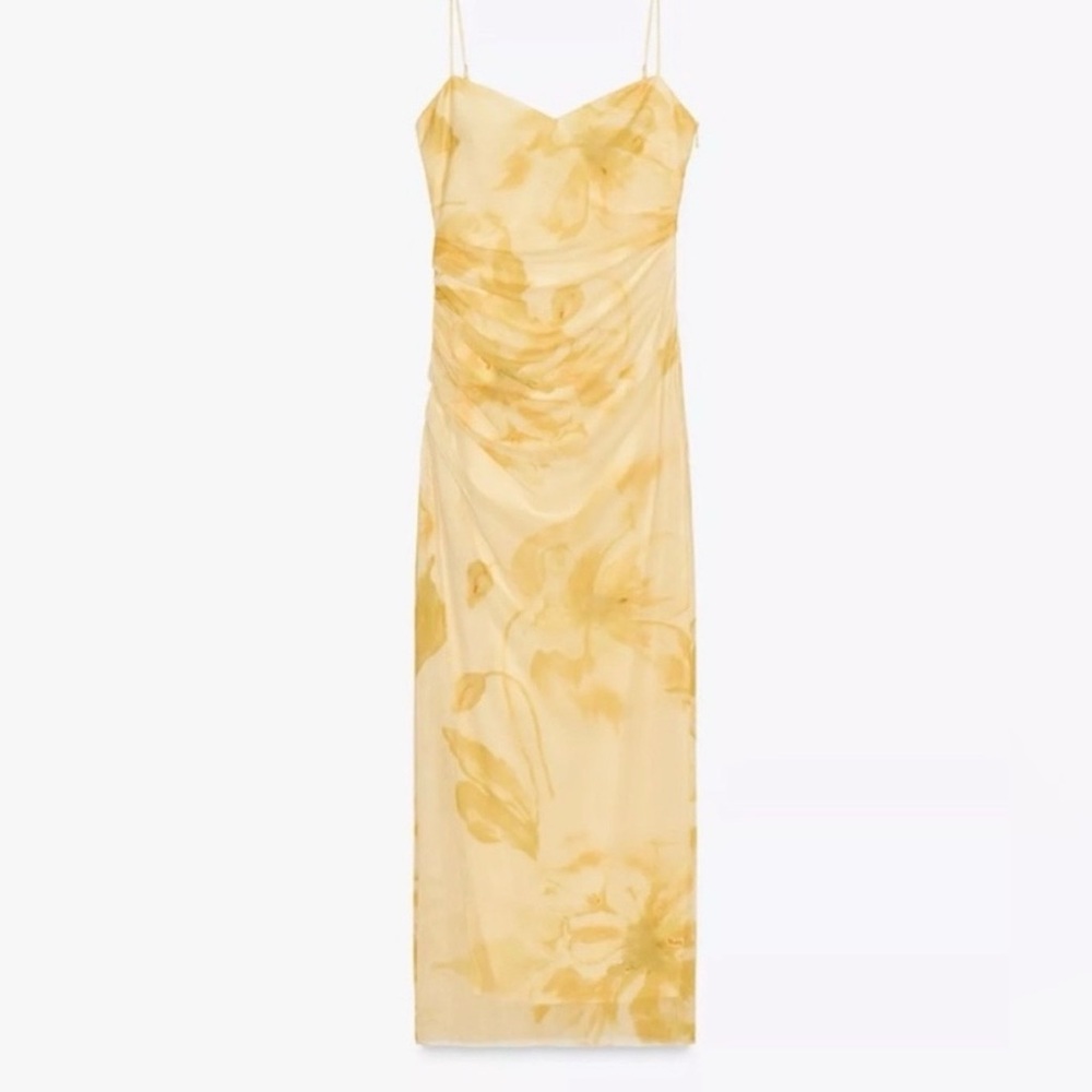 Zara - NWT Mesh Yellow Floral Slip Dress